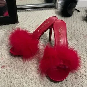 Red fluffy heels on sale